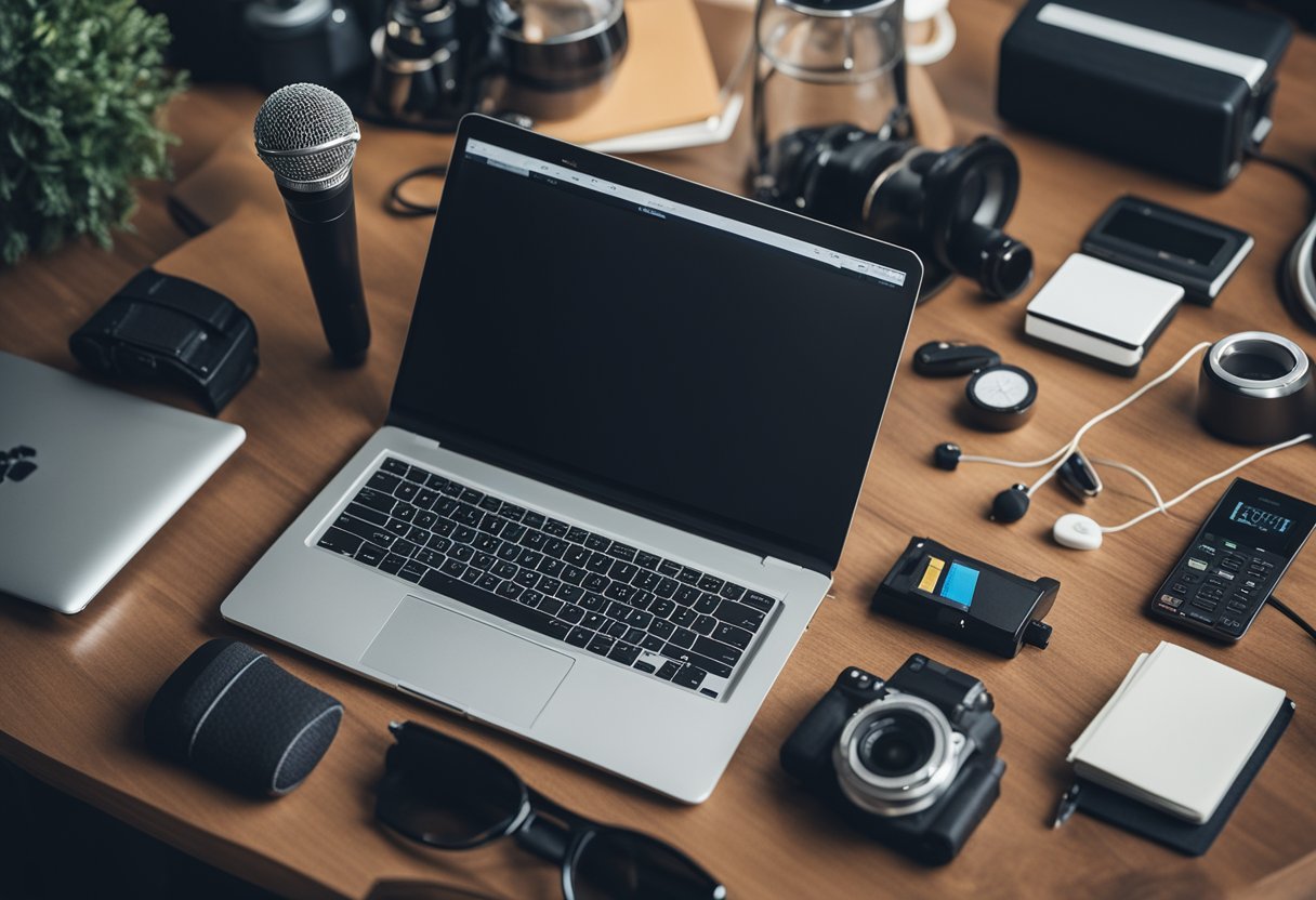 A laptop surrounded by various items representing different online business ideas, such as a camera for photography, a microphone for podcasting, and a notebook for blogging