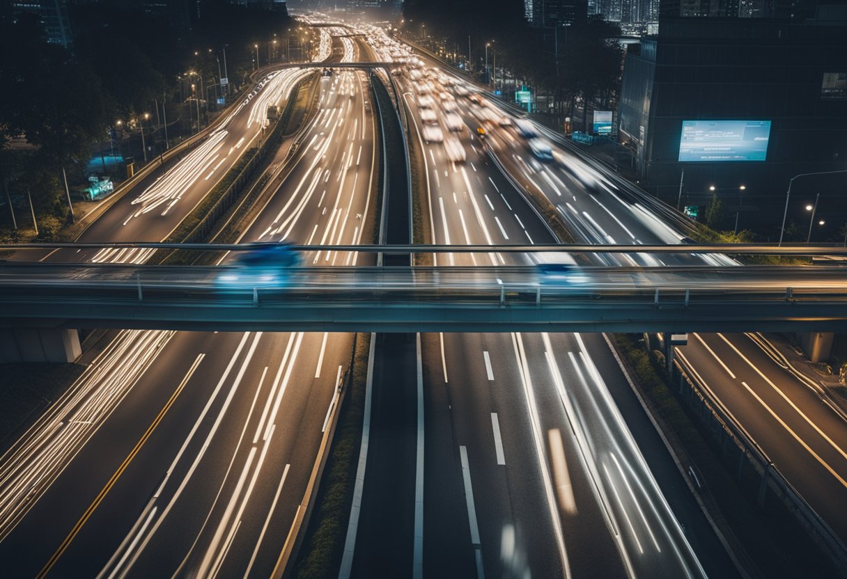 Vehicles flow smoothly through digital pathways, while a network of interconnected roads and signs guide them towards their destinations