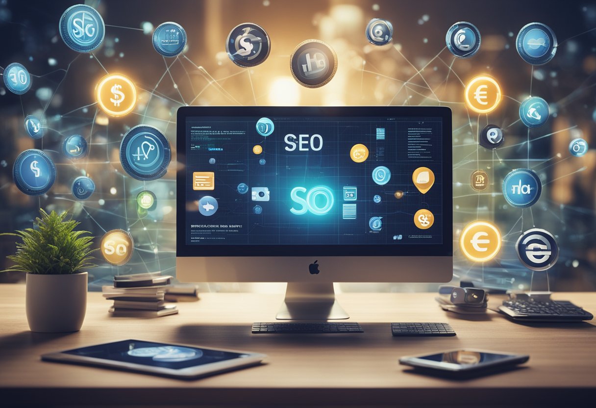 A computer screen displays SEO and content optimization tools. Money symbols float around, representing passive income from content creation and monetization