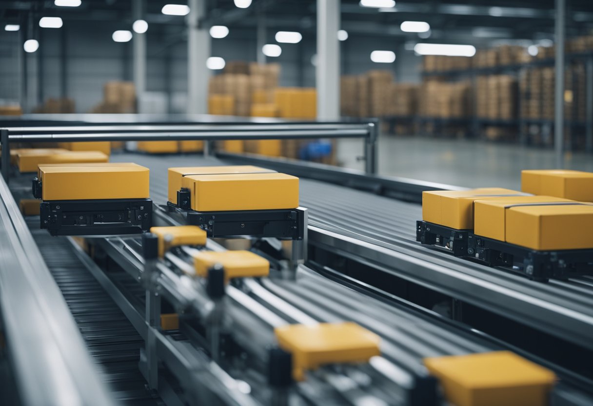 An automated conveyor belt moves products through a high-tech warehouse, while robots efficiently package and label items for shipment