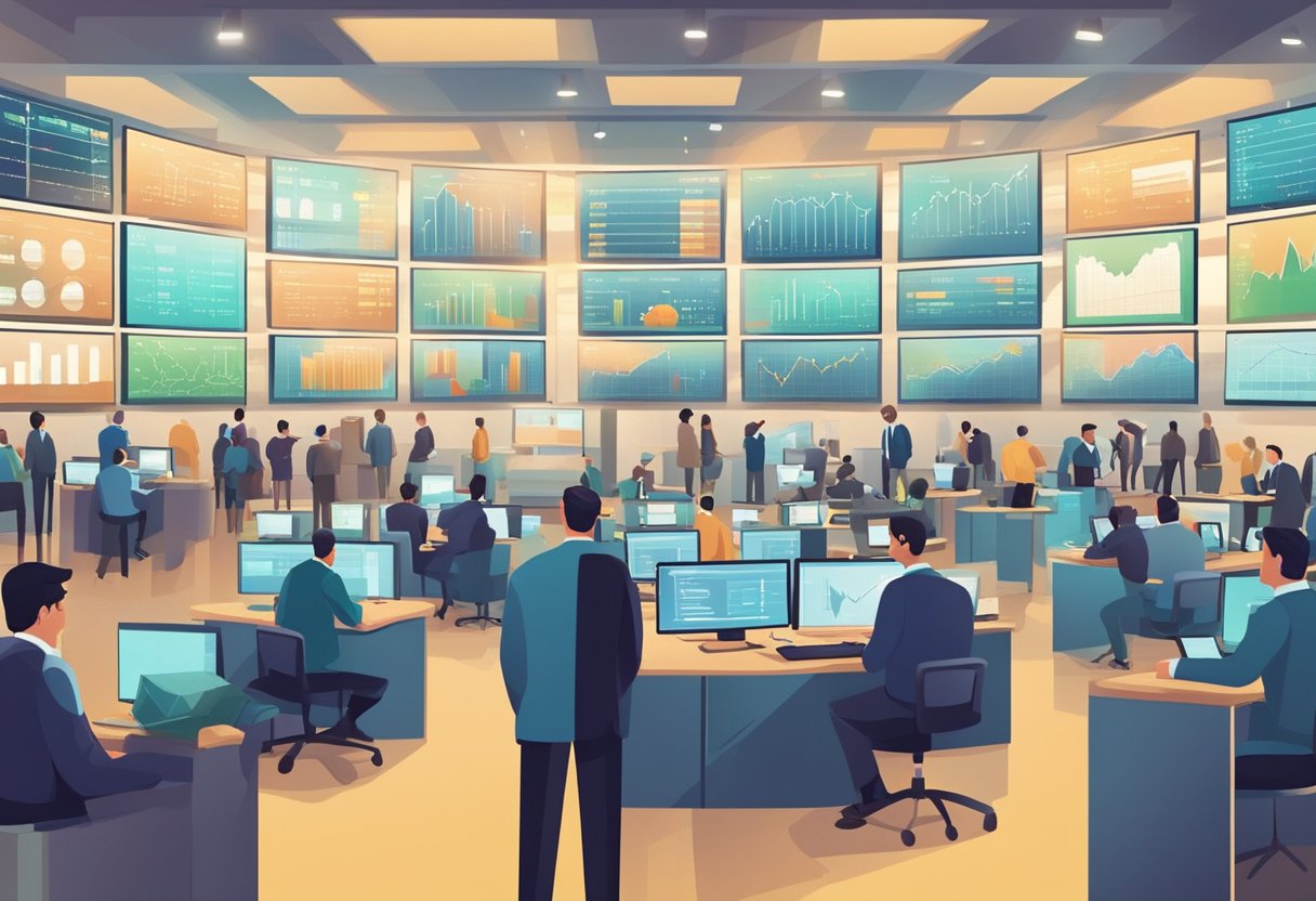 A bustling stock market floor with traders analyzing data and making strategic decisions. Charts and graphs line the walls, depicting various passive income ideas