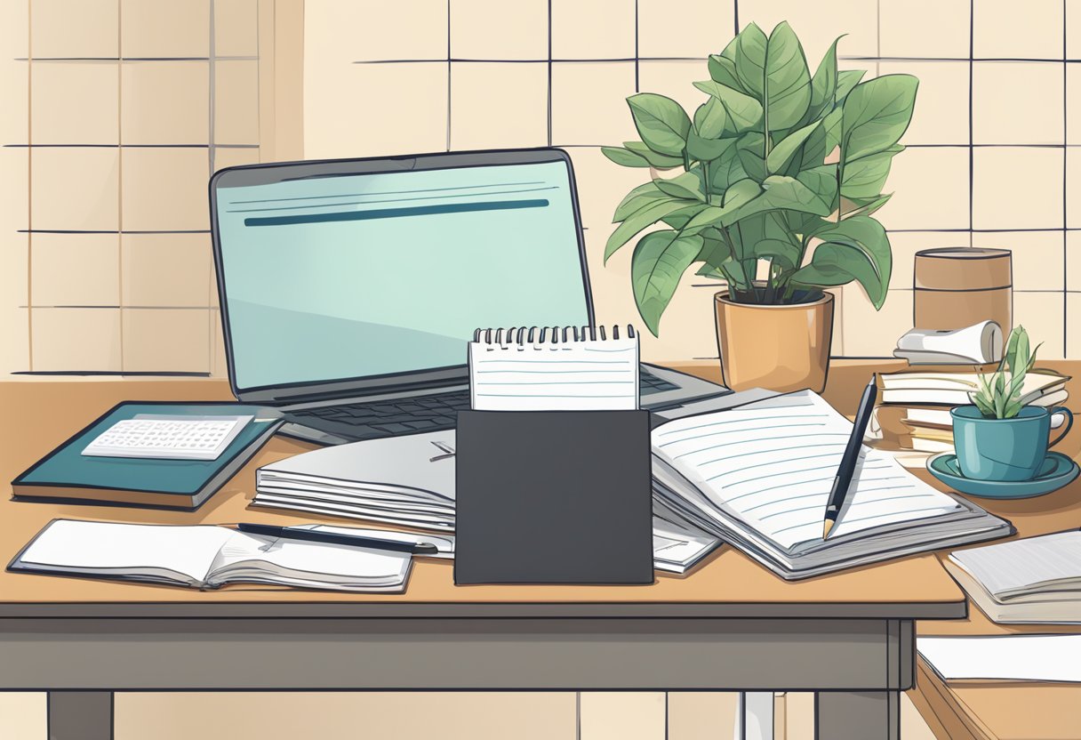 A cluttered desk with a laptop, notebook, and pen. A stack of business books and a plant in the background. A calendar with important dates circled