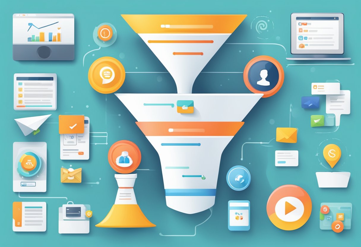 A series of digital product icons flow through a funnel, representing the stages of a sales process. The funnel is surrounded by digital marketing elements such as email, social media, and advertising