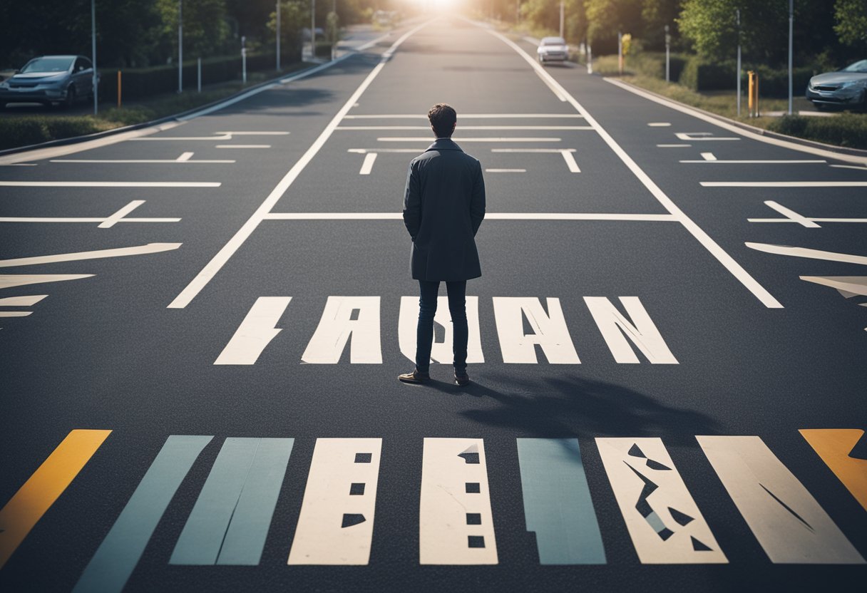A person stands at a crossroads, surrounded by various paths leading in different directions. Signposts point to different industries and interests, symbolizing the process of finding one's niche