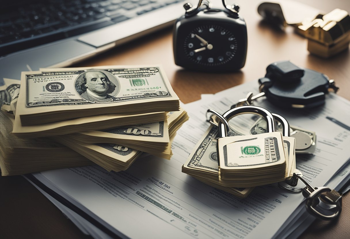 A secure lock and a stack of money are surrounded by legal documents and security software, symbolizing the passive income potential of eCommerce automation