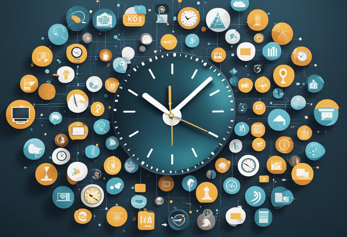 A clock with hands pointing to different times, surrounded by various ad icons and symbols. Graphs showing increasing revenue