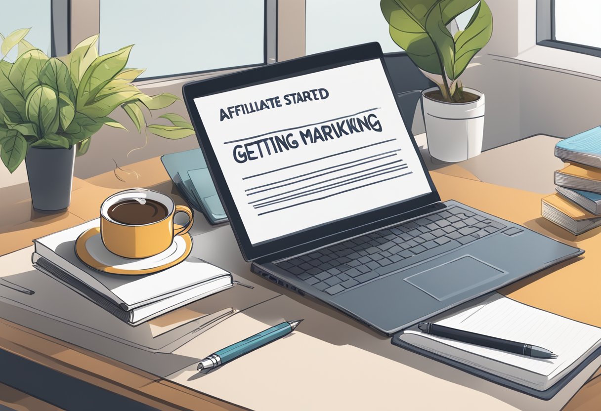 A laptop displaying "Getting Started with Affiliate Marketing" with a stack of books, a notepad, and a pen nearby. A cup of coffee sits on the side