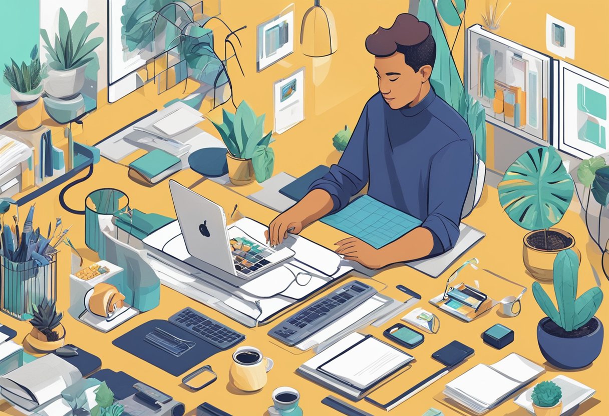 A person sitting at a desk, surrounded by various objects related to different niches such as food, fashion, travel, and technology. The person is researching and brainstorming ideas for their niche blog