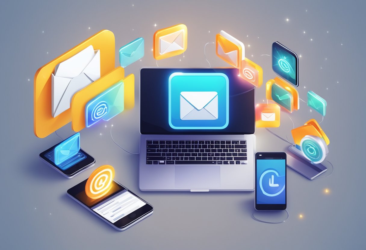 An email icon surrounded by digital devices and a glowing inbox, representing the concept of email marketing