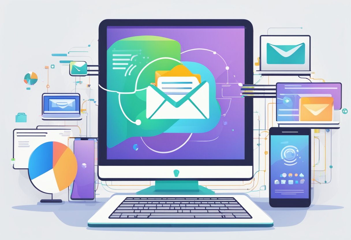 An email icon surrounded by various digital devices, with a graph showing increased engagement and a glowing "Email Marketing Overview" title