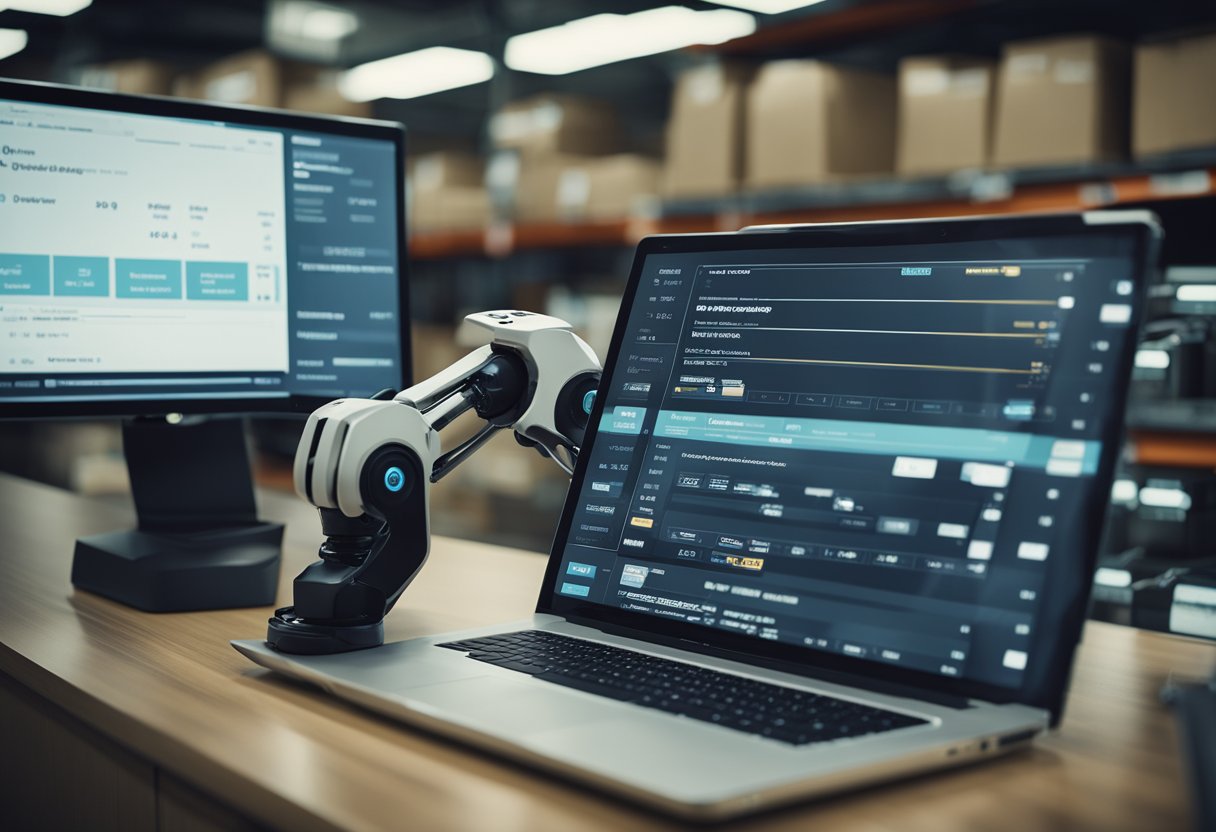 Ecommerce automation in action: A computer screen displays a seamless process of product ordering and payment, while a robotic arm packages items for shipping